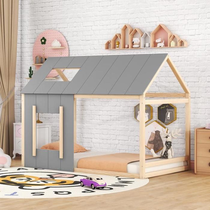 Lit simple 90×200 cm avec toit et fenêtre Lit enfant en forme de maison Cadre de lit 1 Personne en naturel + gris