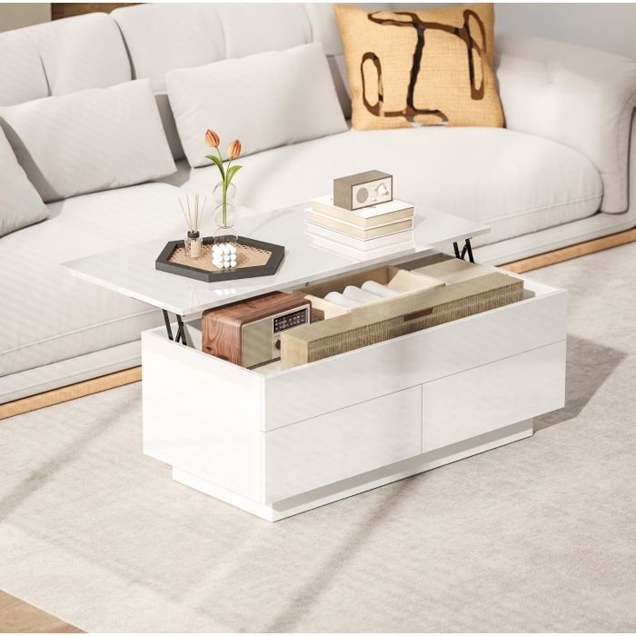 Table basse relevable blanc brillant avec rangement caché et 2 tiroirs