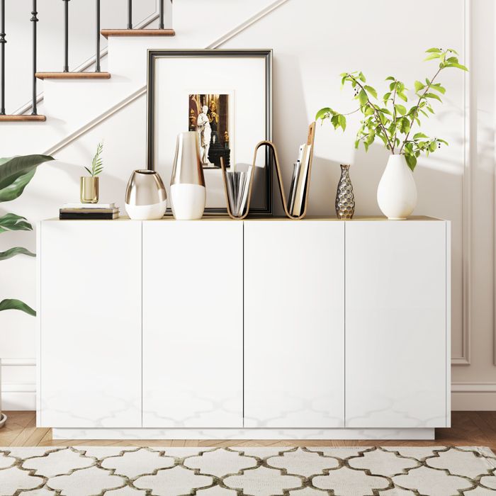 MOTHINESSTO3053-Buffet salle à manger buffet cuisine 4 portes à fermeture douce et étagères réglables 140l x 40P x 75H cm blanc laqu