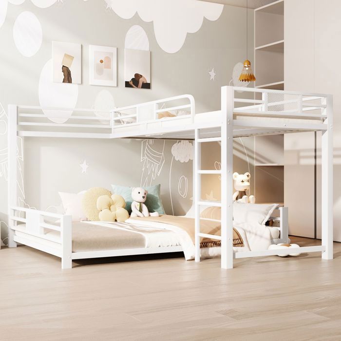 Lit superposé L - SOGEU - 90x200/140x200 - Métal blanc - Gain de place - Sommier inclus