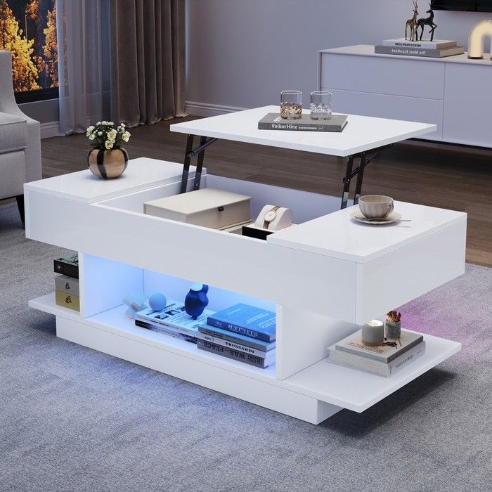 Table basse relevable - MINIMAL - MINIMAL HOME - LED réglable - Plateau relevable 545 cm - Rangement 3+4