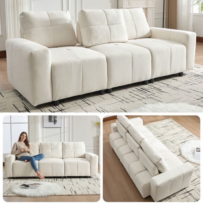 Canapé droit compact - SOGEU - Modulable - Fonction 3-en-1 (lit dappoint) - Couchage occasionnel - Tissu chenille beige