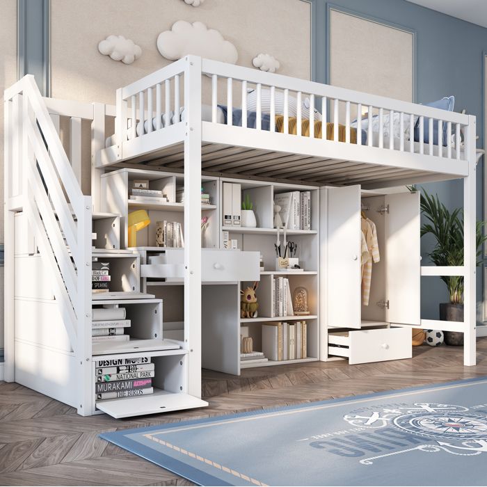 Lit Mezzanine Enfant 90x200 cm - Rangements Multiples - Bureau et Armoire intégré - Sommier à Lattes - Blanc (Sans Matelas)