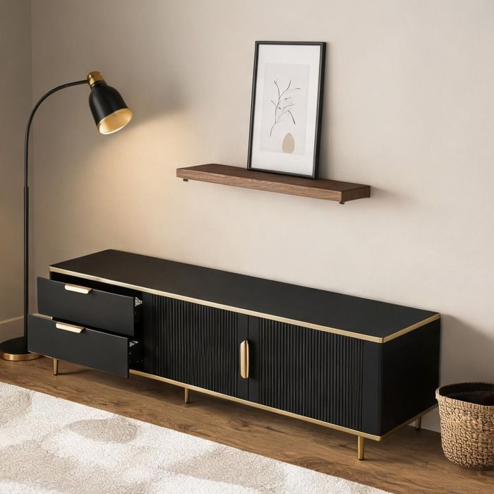 Meuble TV bas 170 cm motif sculpté noir et doré en MDF et panneau de particules