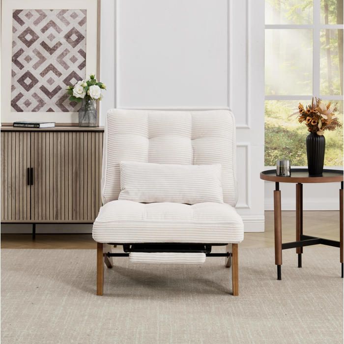 ROVRYN Fauteuil lounge réglable 1 place avec repose-pieds coussin lombaire tissu côtelé beige et pieds en bois