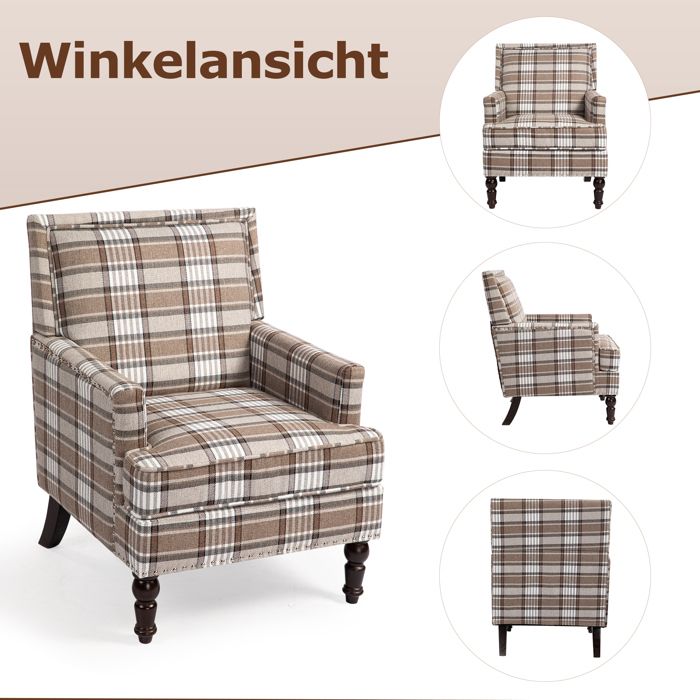 Fauteuil de salon Vintage en Lin - assise rembourrée épaisse - Pieds en Bois Massif - 69X69X89cm - Blanc et Marron