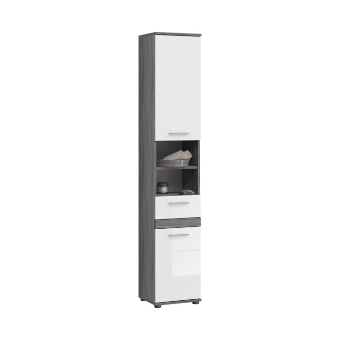 [en.casa] Colonne de salle de bain Blake 35 x 31 x 191 cm blanc brillant et argent fumé