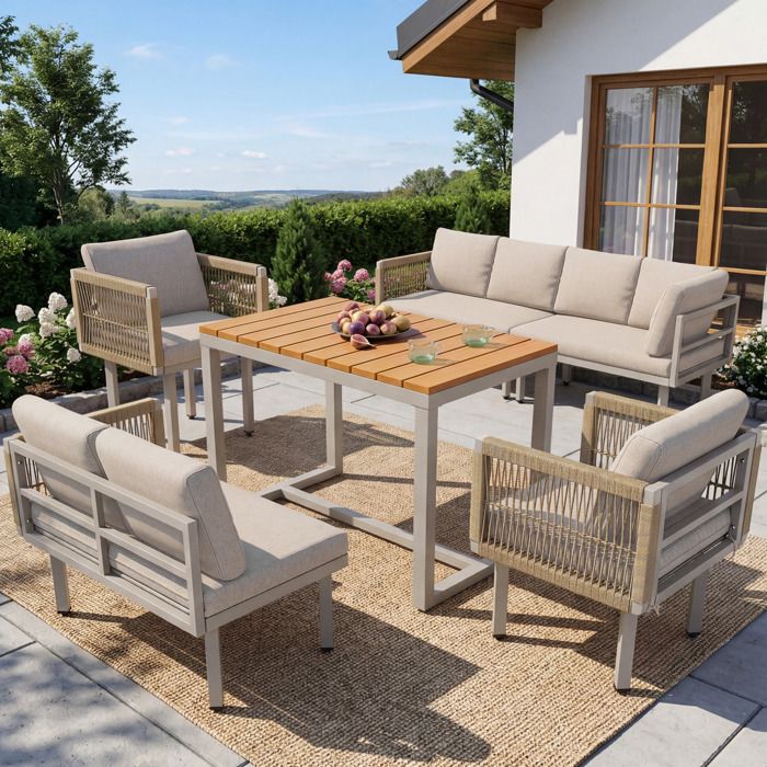 WOVREO salon de jardin d’angle 6 pièces avec 2 fauteuils table acier et corde tressée beige