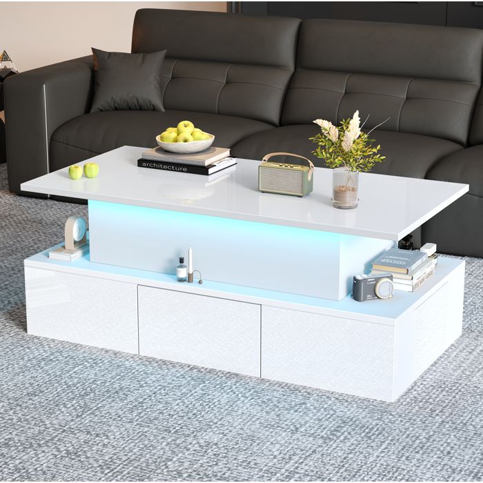 Table Basse Relevable avec 4 Tiroirs LED et Rangement Caché - BEAUNIV - Blanche Brillante Salon 100×50×40 cm