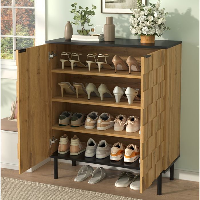 Meuble à Chaussures 2 Portes 3 Étagères Réglables et Pieds Métal - BEAUNIV - Bois Naturel pour Entrée 80×35×915 cm