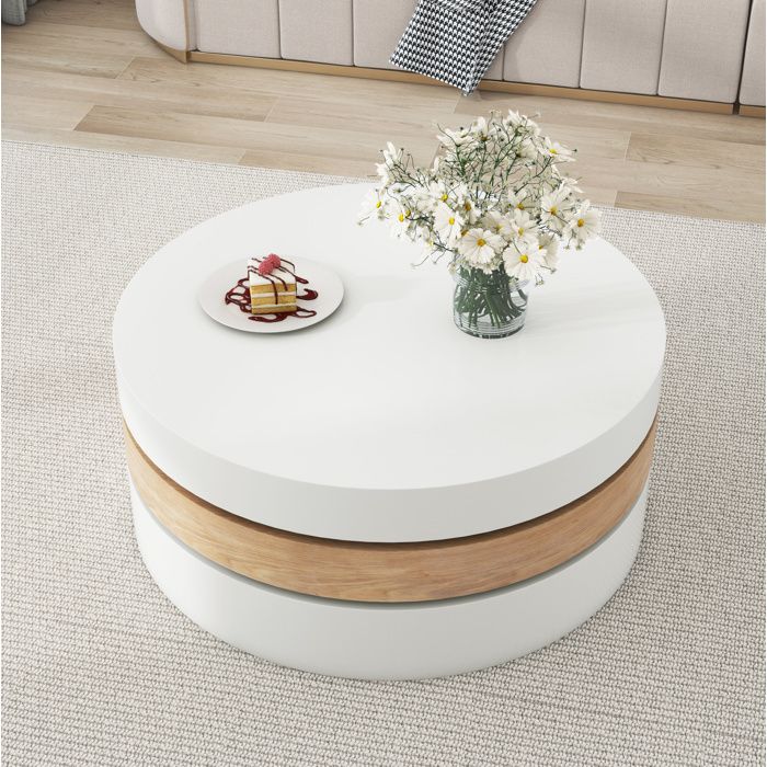 Table basse ronde rotative 360° 60 x 60 x 351 cm avec rangement cache 3 niveaux MDF blanc et bois naturel