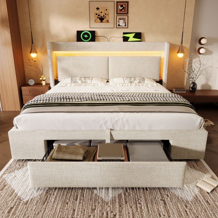 URTR Lit coffre hydraulique 160x200 en lin beige tête lit à rangements LED 16 couleurs USB & USB-C tiroir roulettes sans matelas