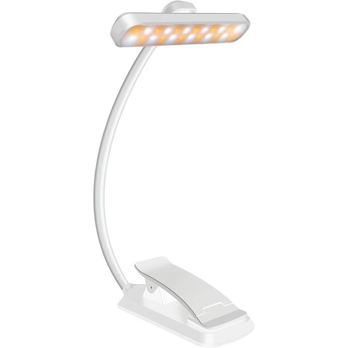 Lampe de lecture 24 LED liseuse - 3 couleurs 5 luminosités rechargeable USB-C col flexible 360° et clip pour lire au lit