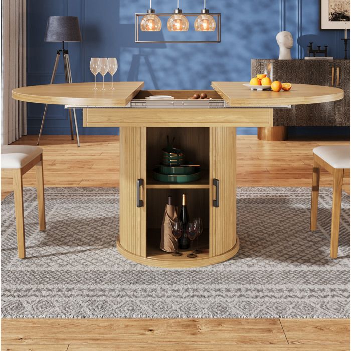Maisentiel Table à manger extensible ronde et ovale 118-158 cm en MDF effet noyer avec rangement intégré