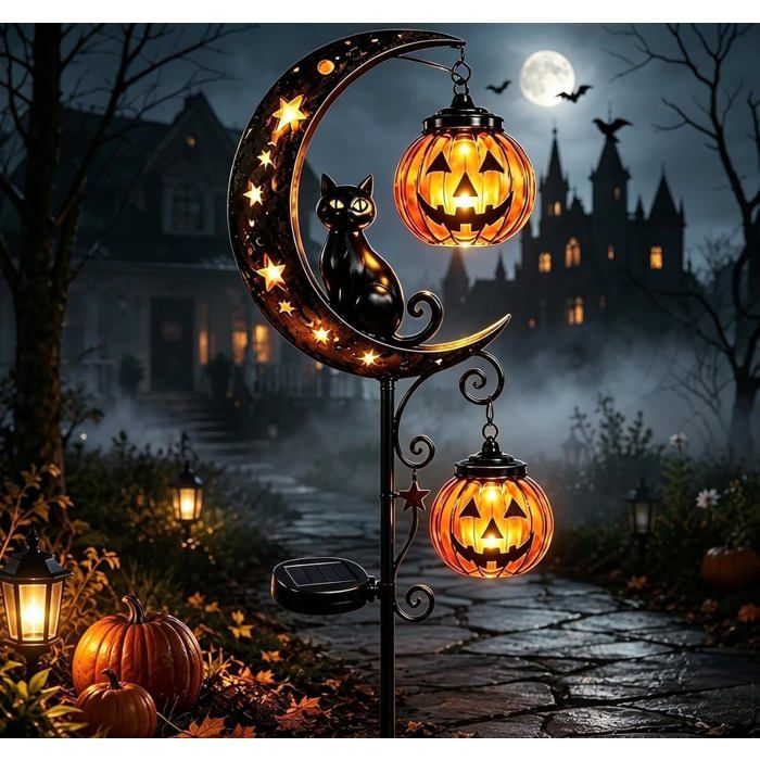 Lampe solaire décorative jardin motif lune et chat étanche métal‑verre pour balcon terrasse cour Pumpkin‑C