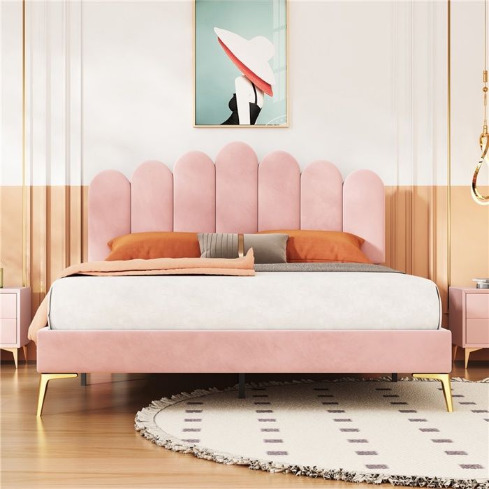 Lit capitonné 140x200 cm velours rose sommier lattes lit adulte ado élégant confortable
