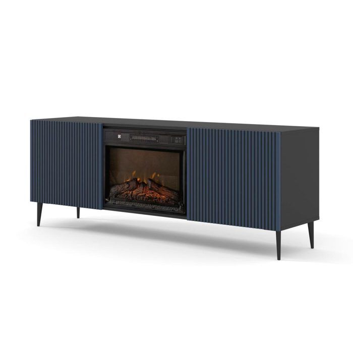 Meuble TV avec cheminée électrique Ravenna F 170 cm 2 portes rainurées - noir mat et bleu marine