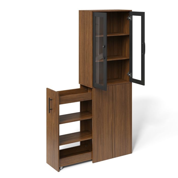 Meuble colonne cuisine 60x30x180 cm avec portes vitrées et panier coulissant Meuble colonne cuisine 60x30x180 cm avec portes vitrées et panier coulissant