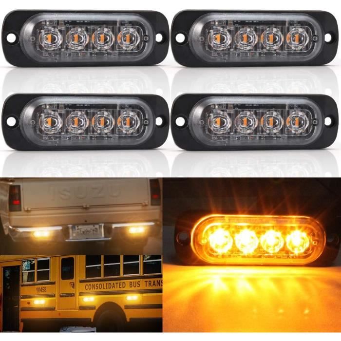 Qiilu 4 Pièces Feux Flash LED Stroboscopiques 12-24V Jaune - Lampe Avertissement Urgence Voiture Camion