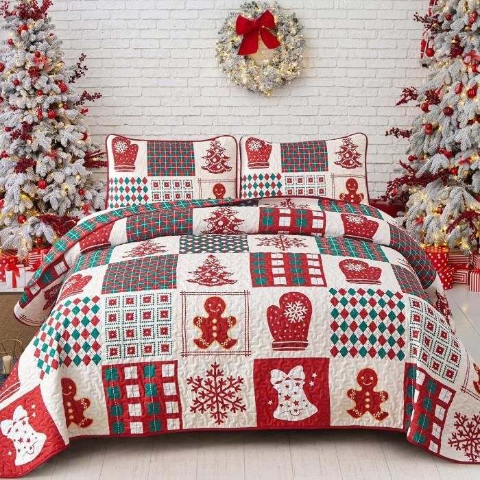 Couvre-lit Patchwork Noël 240 X 260 Cm – Rouge Et Vert, Double Face, Avec 2 Taies D’oreiller 50 X 75 Cm