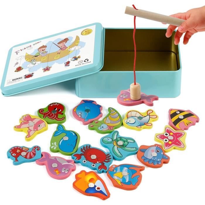 Jouets en Bois Jeu de pêche, Jeux Montessori Enfants 2 Ans Jeu de Pêche Magnétique, Enfant en Bois Educatif Jouet, J PARCOURS D'EAU - Sport