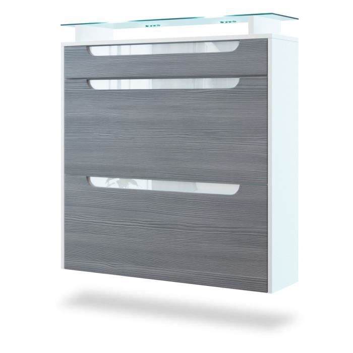 Vladon Meuble Chaussures Malea, Armoire à Chaussures Murale Pour 16 Paires Avec 2 Clapets, 1 Tiroir Et 1 Tablette En Verre, Blanc Mat/Denim Mat (89 X