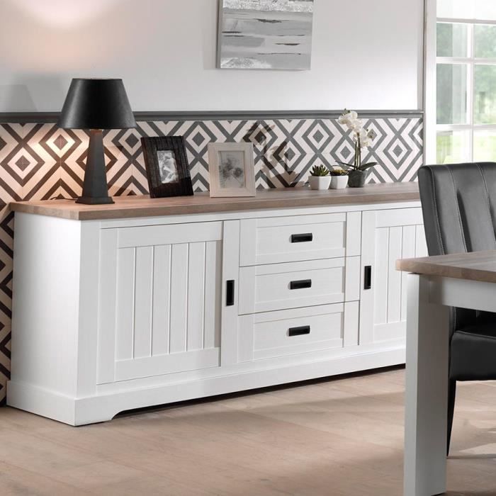 Buffet contemporain blanc et couleur bois clair ETHAN Blanc L 217 x P 49 x H 84 cm Cdiscount