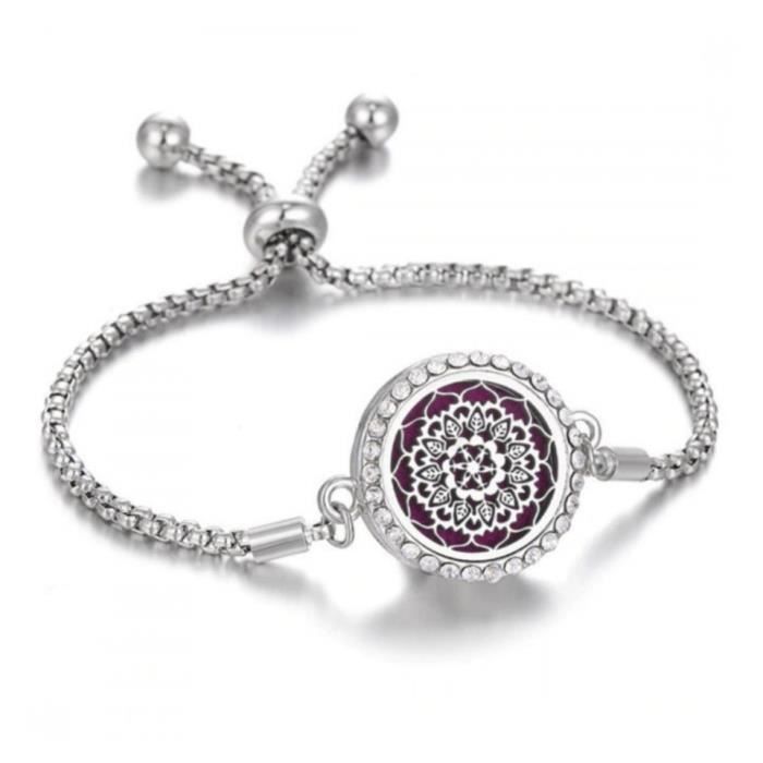 Bracelet Aromathérapie réglable avec diffuseur de parfum Motif mandala argenté & strass Argenté