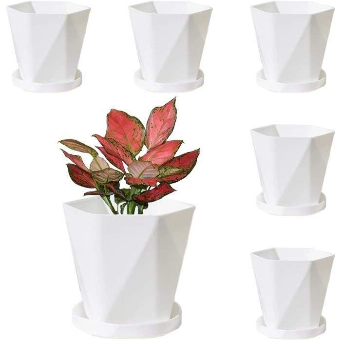 Pots de fleurs en plastique - Blanc - 13cm - Pot en Plastique x 6 - Soucoupe en plastique x 6