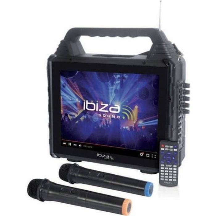Pack Karaoké Ibiza KARAVISION - Enceinte écran 14,1", 2 Micros Sans Fil, Pied - Bluetooth, USB, 150W
