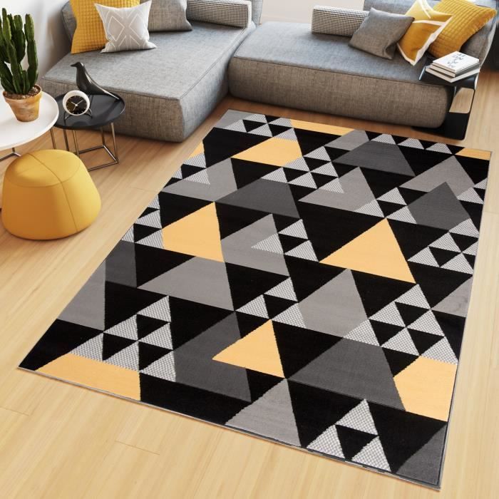 tapiso maya tapis salon chambre ado moderne geometrique triangles jaune gris noir fin 200 x 300 cm cdiscount maison
