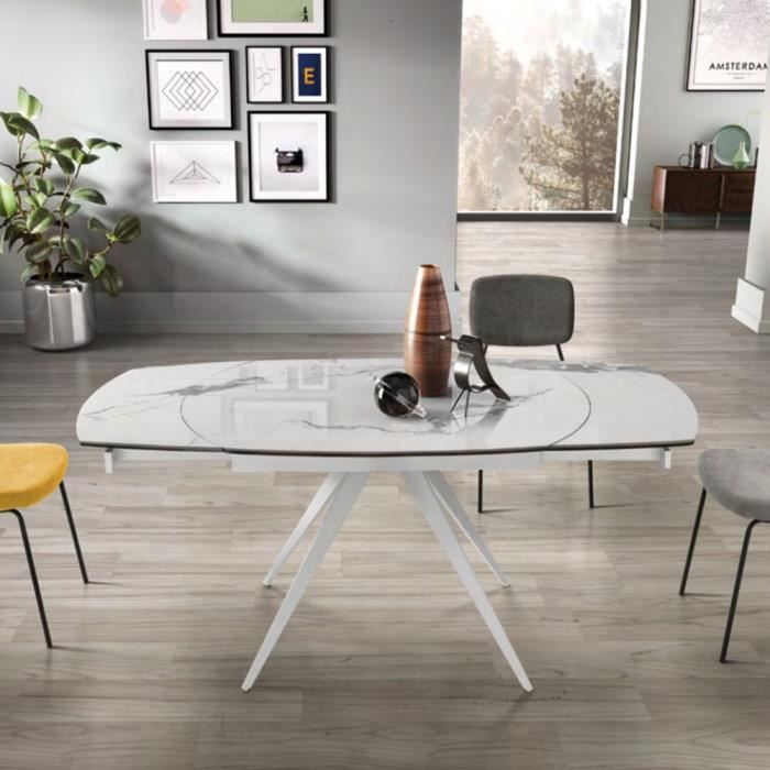 table à rallonge - achille - effet marbre blanc - plateau en grès cérame - extensible