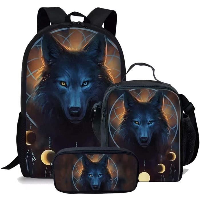 en Enfants école Sac à Dos Animal Loup Impression garçons Bookbag et  Sac à Lunch Porte-Stylo Zipper
