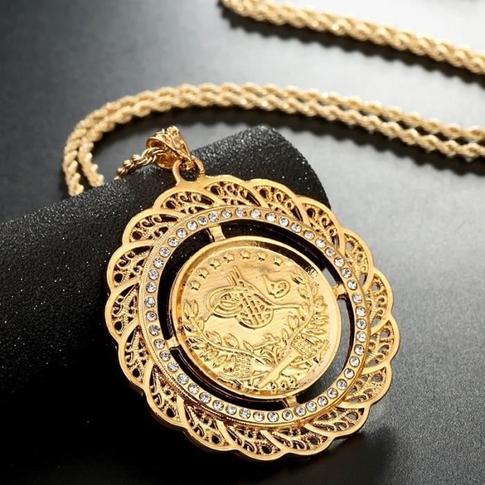or - collier avec pendentif en pièces de monnaie turques, chaîne coulissante plaquée or pour hommes et femmes