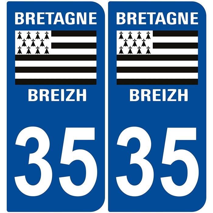 2 Stickers Autocollants Plaques Immatriculation Auto Dept 35 Bretagne Breizh Bleu Foncé Angles