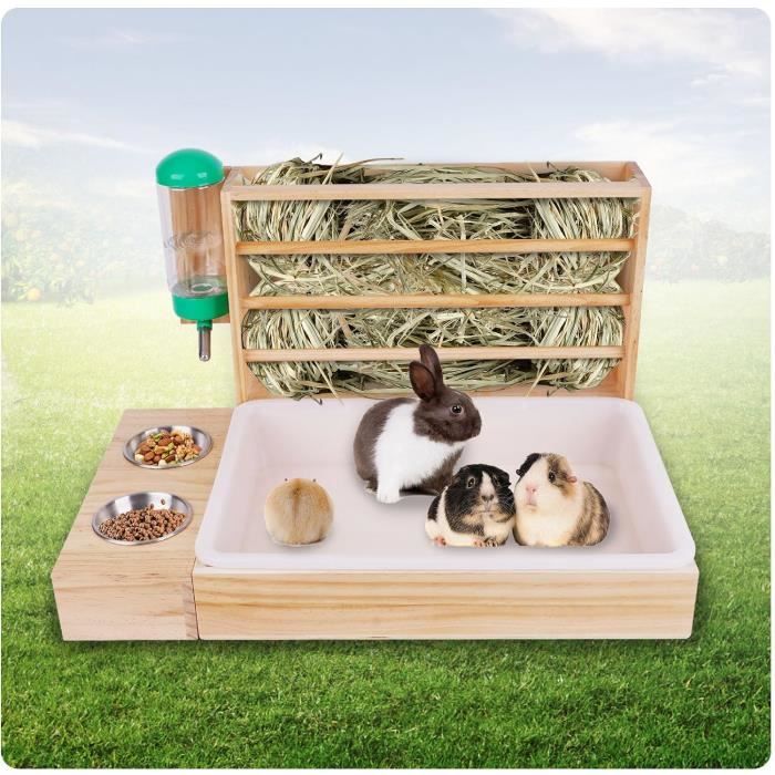 Meilleurs prix pour 4 en 1 Mangeoire à Foin pour Lapin avec Bac à Litière Bouteille d'eau Gamelles pour Hamster Support à Foin pour Petits Animaux de