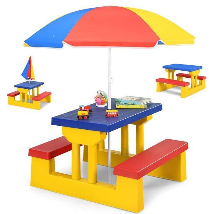 COSTWAY Table De Pique-Nique Enfants Avec Parasol Amovible - Salon De Jardin 1 Table 2 Bancs, 107 X 107 X 137 Cm