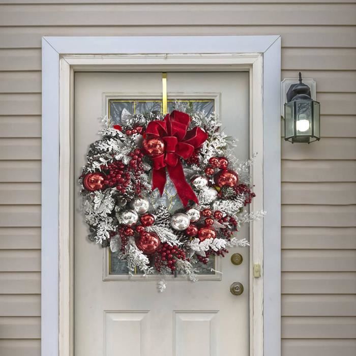Couronne de Noël en Pin Norfolk de 24 Pouces avec Lumières LED Couronne de Noël Artificielle avec Pommes de Pin et Baies Rouges pour Porte d'Entrée Mur Fenêtre Décoration Intérieure Extérieure de