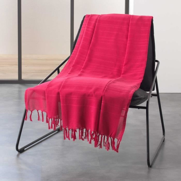 Jete de fauteuil a franges 150 x 150 cm coton tisse lilia Framboise