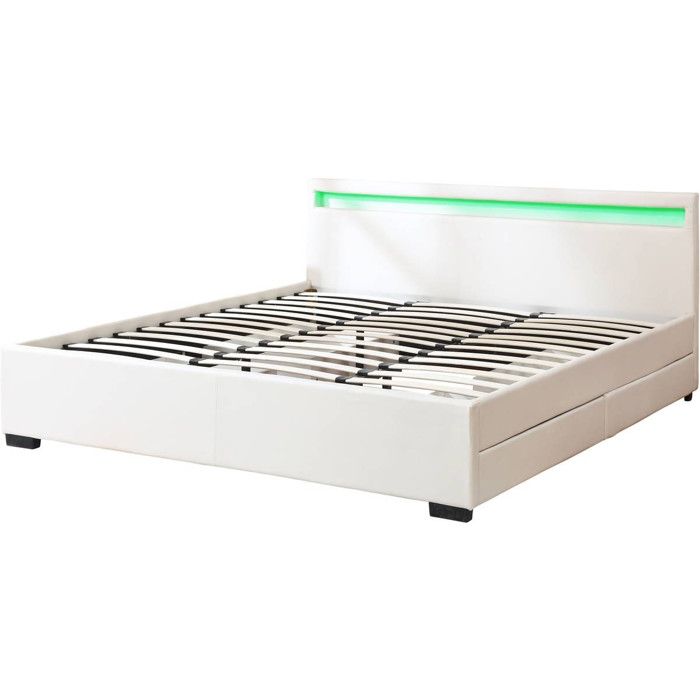 LIT LED double avec 4 tiroirs Nico - 180 x 200 cm - Blanc