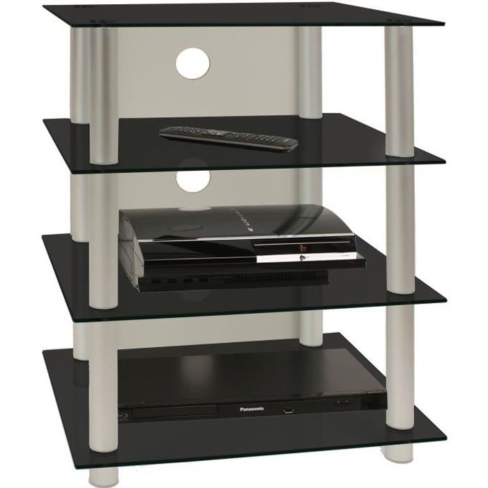 meuble tv hifi blados - vcm - verre noir - aluminium - 4 tablettes - 54x42x70 cm