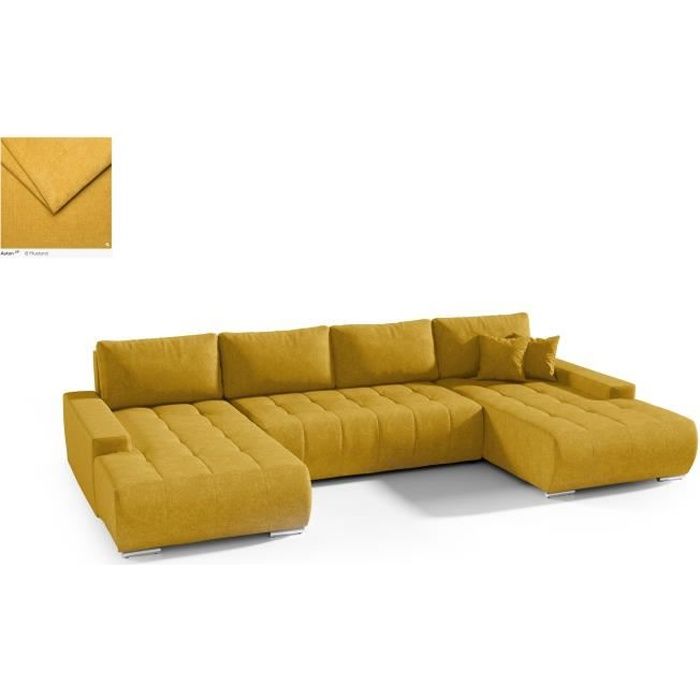 Canapé D'angle En U 4 Places Avec éclairage LED Et Port USB - Velours, Cadre Bois, Pattes Dorées, Couleur Jaune | Design Moderne, Spacieux Et Fonctionnel - 2