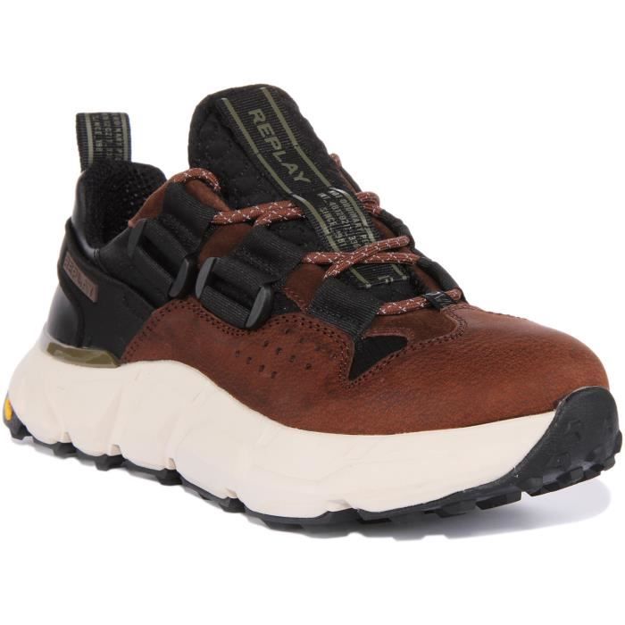 Replay Baskets en cuir pour homme - REPLAY - Split Laguna - Laçage particulier - Semelle Vibram - Noir brun