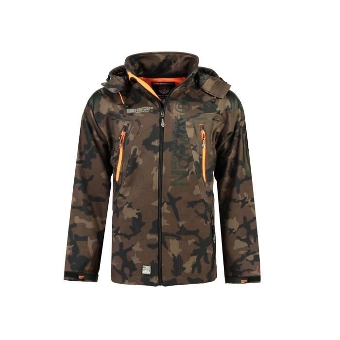 Blouson Softshell Homme Geographical Norway Techno Camo Kaki avec Capuche Détachable et Poches Zippées