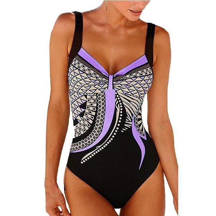 Femme Maillot De Bain 1 Piece Monokini Vintage Amincissant Imprime Dos Nu Ventre Plat Bikini De Plage Beachwear Violet Cdiscount Pret A Porter