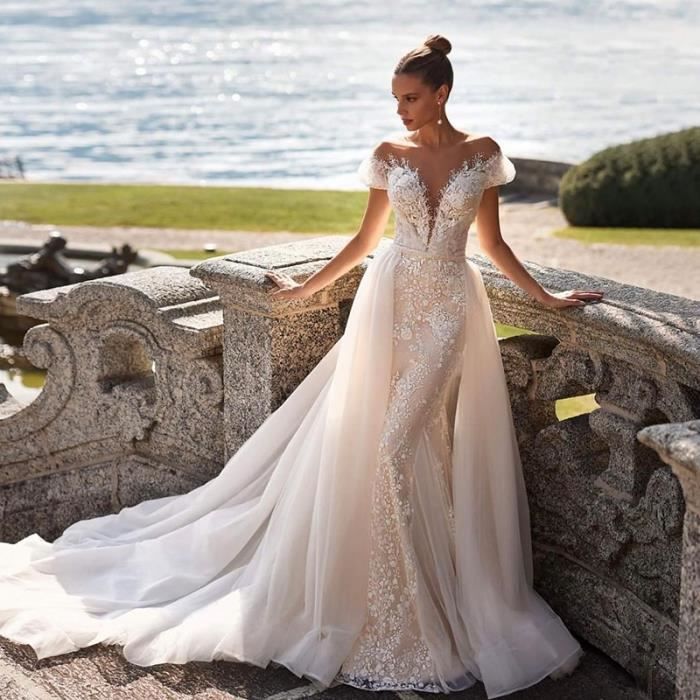 Robe de Sirne de Mariage 2 en 1 avec Manches Dentelle Brode sur Filet Col Carr Quelle que soit la blanc Blanc Cdiscount Pret a Porter