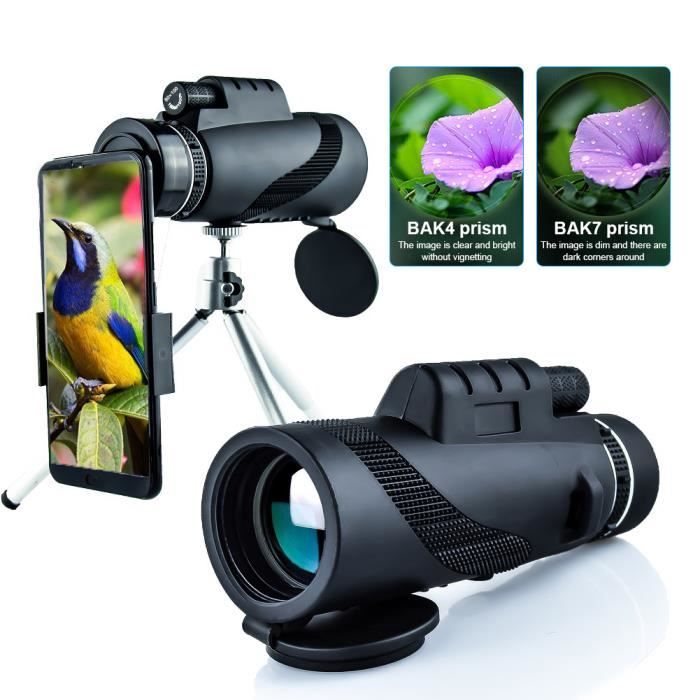 Telescope Monoculaire Puissant, HD 40 x 60 BAK4 Prisme FMC Imperméable Monoculaire avec Support Smartphone et Trépied