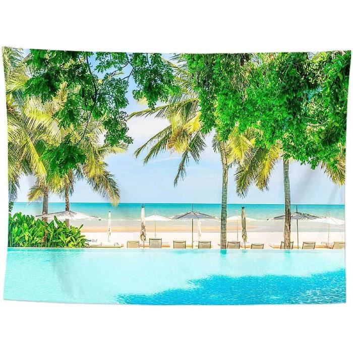 Tapisserie Murale Mer Plage Ciel Bleu - Paysage Nature Fleurs Arbre - 180x230 Cm Tenture Boho Décor