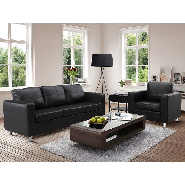 Canapé 3 Places + 2 Places En Simili Ackley - Noir - Structure Bois Et Métal - Coussin Amovible - Livraison Montée