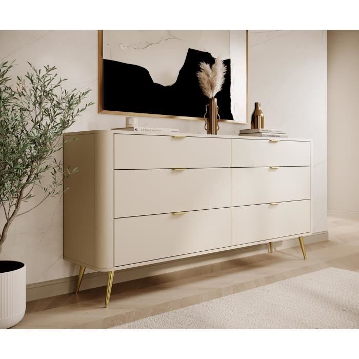 Commode - SELSEY - OVAL - 6 tiroirs - Beige mat - 171,7 x 38 x 83,6 cm ...